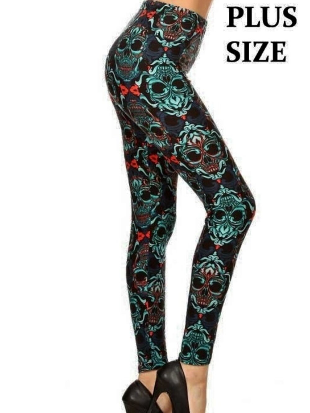 New Plus Size Women's Black Teal Blue Skeleton Skull Leggings 1X 2X Halloween